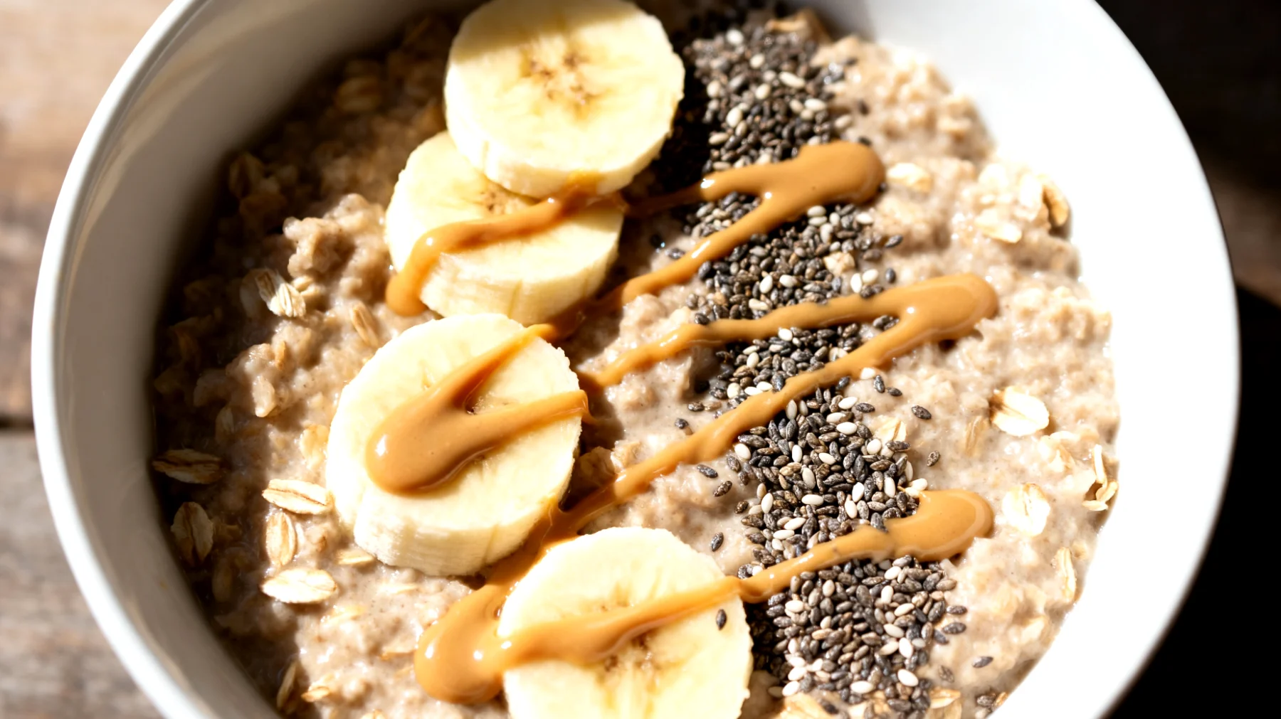 Porridge di avena con semi di chia, banana e burro di mandorle"
