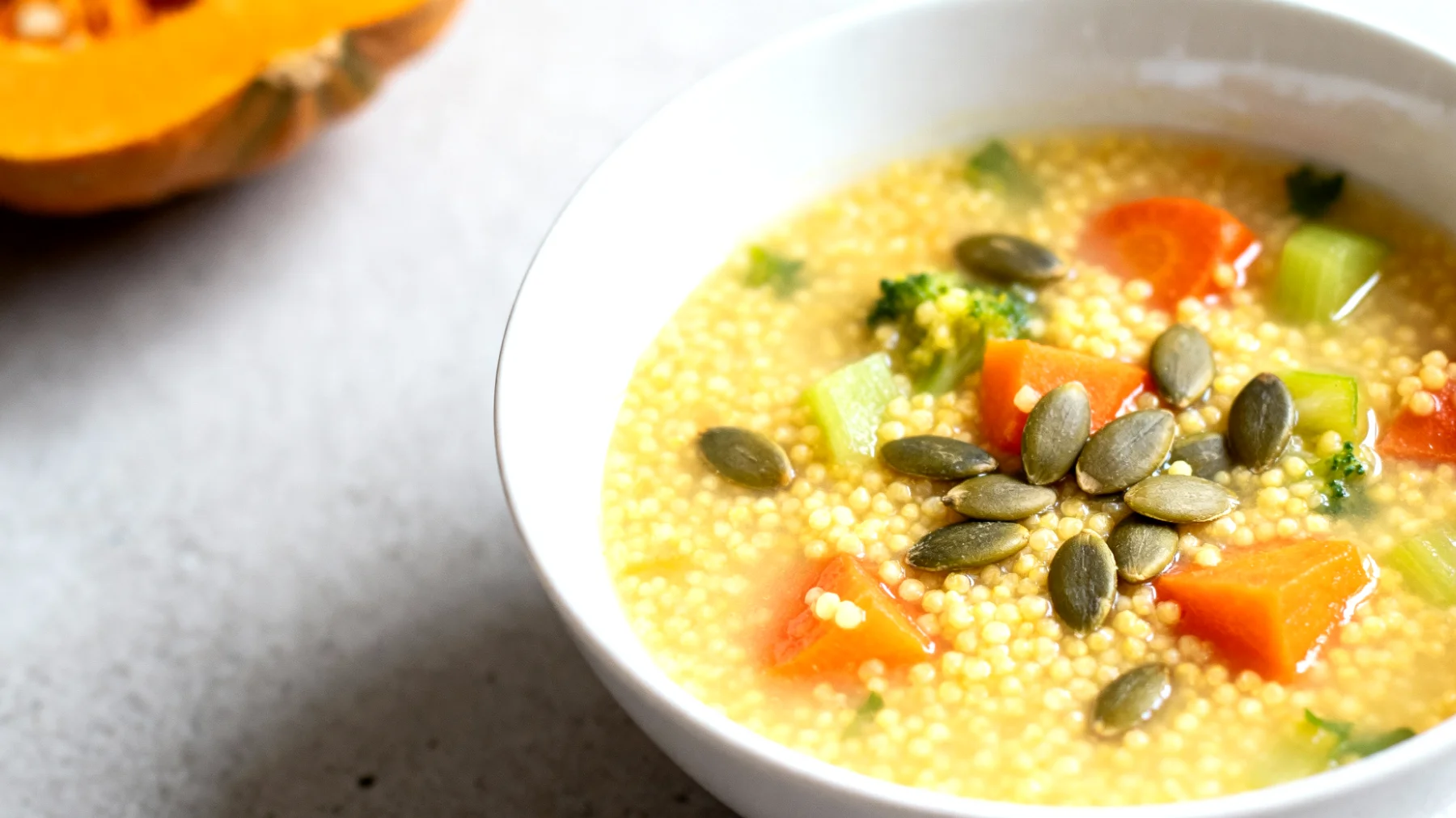 Zuppa di miglio con verdure di stagione e semi di zucca"