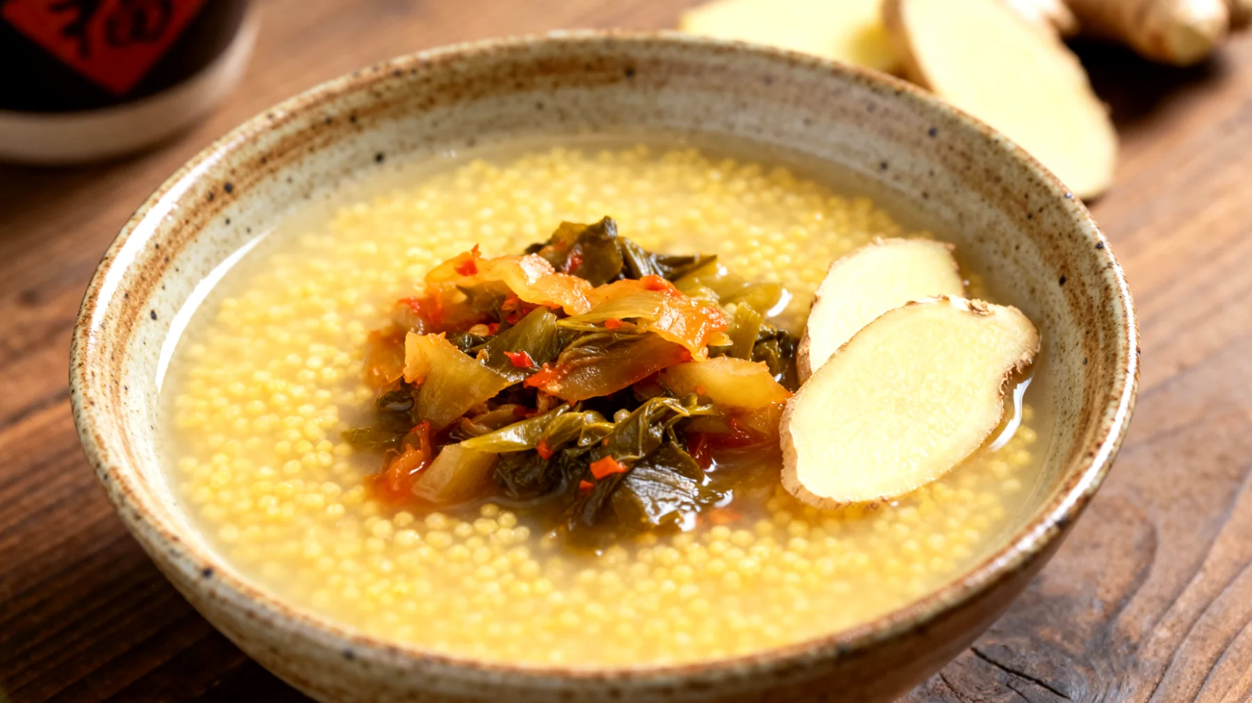 Zuppa di miglio con verdure fermentate e zenzero"