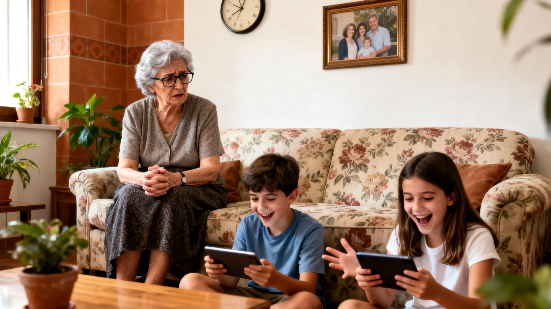 Nonna in difficoltà nel relazionarsi con i nipoti piccoli a causa di contrasti generazionali sui metodi educativi, le abitudini quotidiane e i valori trasmessi"