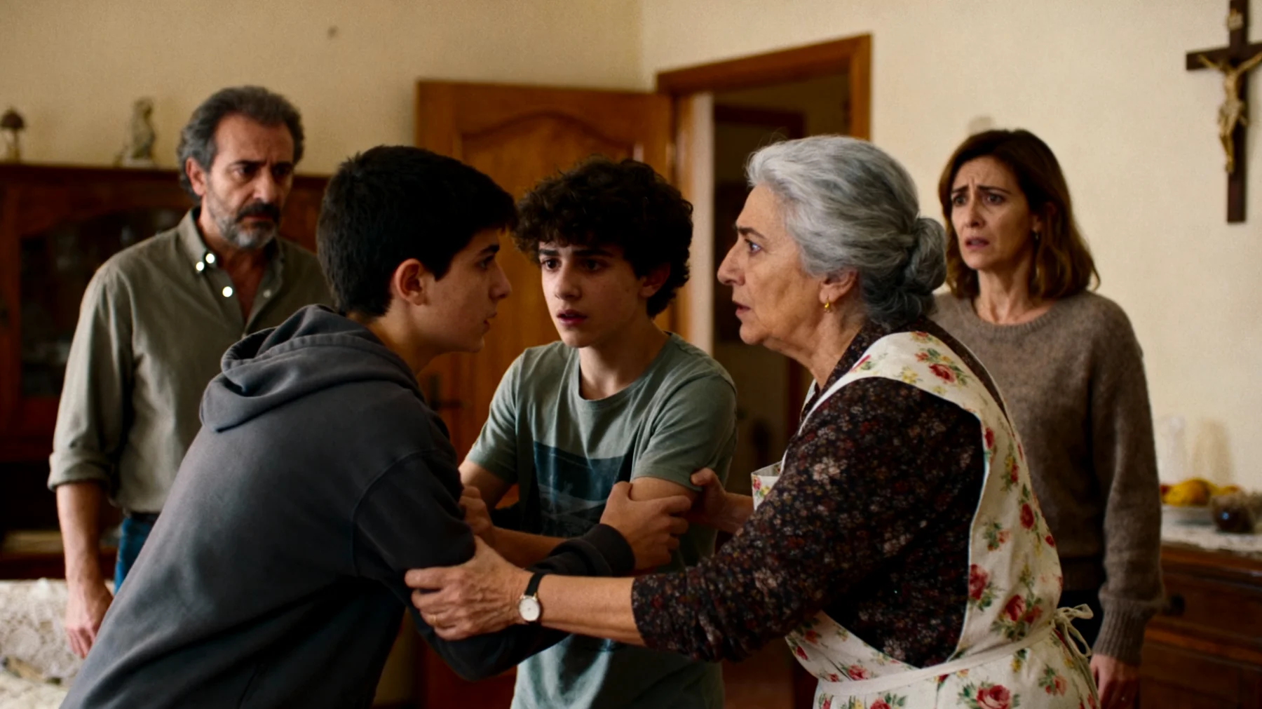 Nonna che tende a proteggere eccessivamente i nipoti adolescenti, limitando la loro autonomia e crescita personale, creando tensioni sia con i ragazzi che con i genitori"