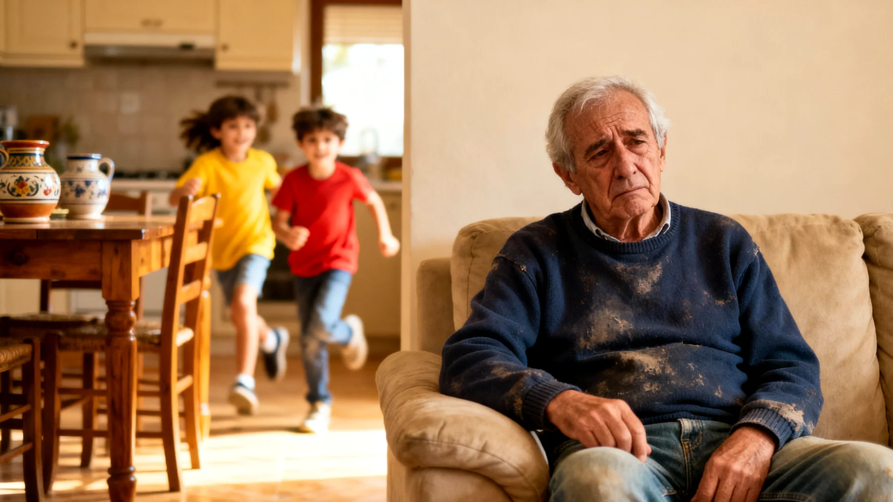 Nonno che si sente in colpa per non riuscire a dedicare abbastanza tempo ai nipoti bambini a causa della propria età, delle limitazioni fisiche o di impegni familiari, e teme di non essere all'altezza del ruolo o di deluderli"