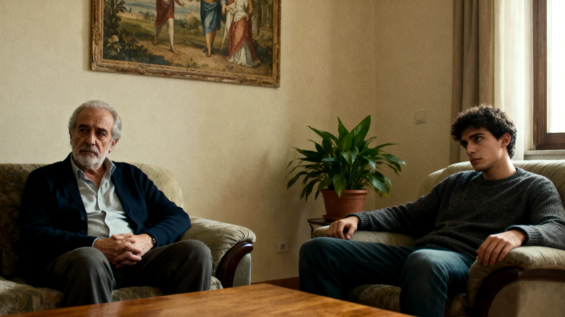 Un papà fatica a instaurare un dialogo affettivo profondo con il figlio giovane adulto, sentendo il peso di anni di comunicazione superficiale e la difficoltà a esprimere emozioni e sentimenti autentici in una fase della vita in cui il figlio sta costruendo la propria autonomia."